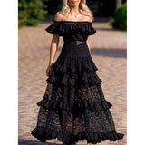 One-Shoulder Ruffled Hollow Swing Lace Patchwork Long Dress in Black