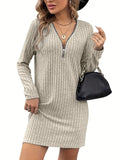 Elegant V-neck Zipper Sunken Stripe Ladies Dress