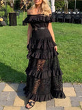 One-Shoulder Ruffled Hollow Swing Lace Patchwork Long Dress in Black