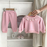 Sweet and Versatile Two-Piece Set: Round Neck Lace Trimmed Fleece Top