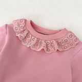 Sweet and Versatile Two-Piece Set: Round Neck Lace Trimmed Fleece Top