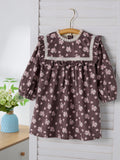 Spring and Autumn Floral Print Long-sleeved Dress with Lace Collar for