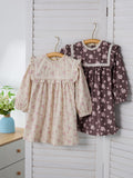 Spring and Autumn Floral Print Long-sleeved Dress with Lace Collar for